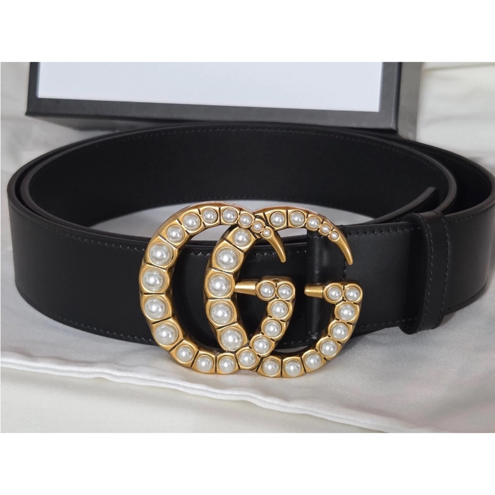 Womens GUCCI Black Leather GG Pearl Belt Size 105cm 36/42